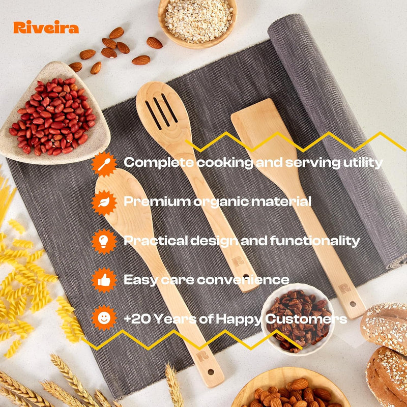 Riveira Colheres de cozinha de bambu com 6 peças – Conjunto de utensílios de cozinha de madeira com colheres de madeira para cozinhar e espátulas, conjuntos de utensílios de madeira – Conjunto de