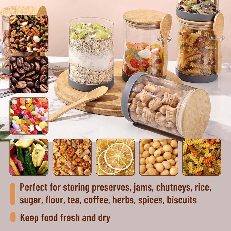 BAMBOO LAND- Glass Jars with Bamboo Lids and Spoons Set, 19 Oz, Set of 6, Glass Containers with Bamboo Lids Airtight for Loose Tea, Brown Sugar, Candy, Nuts
