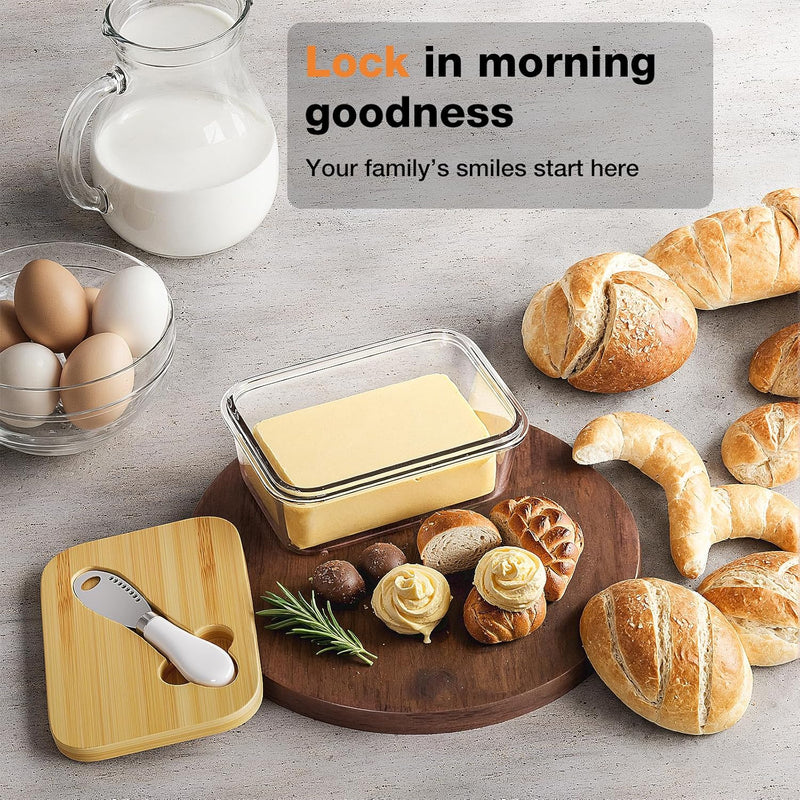 Manteiga de vidro com tampa e faca de bambu