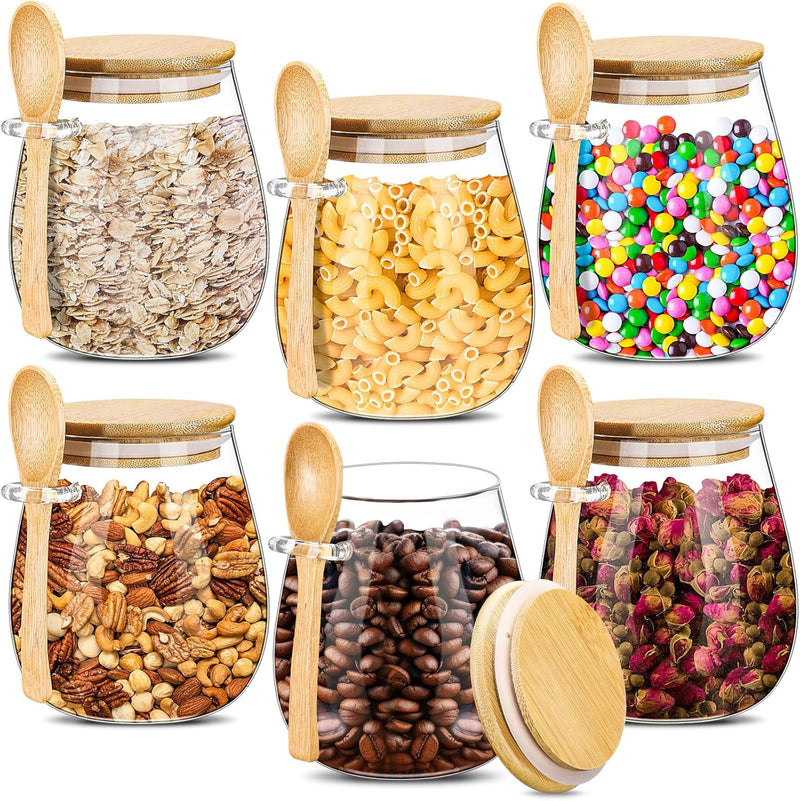 Pickmesh Set of 6 Airtight Glass Jars with Bamboo Lids and Spoons 20 oz Glass Storage Containers Jars Set for Kitchen Food Storage Sugar Chia Seeds Overnight Oats Spice Beans Coffee Dry Goods