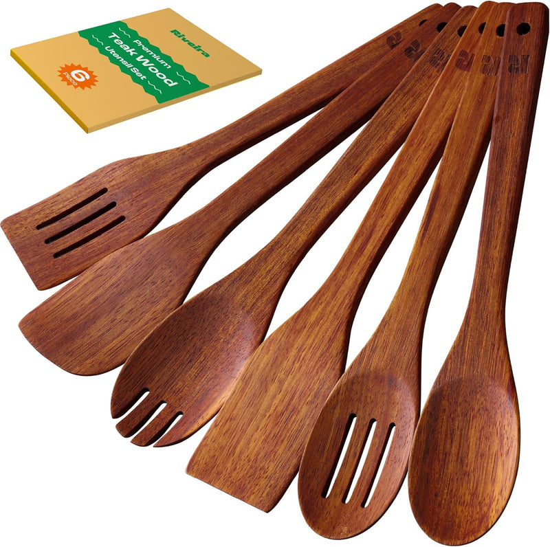 Riveira Colheres de cozinha de bambu com 6 peças – Conjunto de utensílios de cozinha de madeira com colheres de madeira para cozinhar e espátulas, conjuntos de utensílios de madeira – Conjunto de