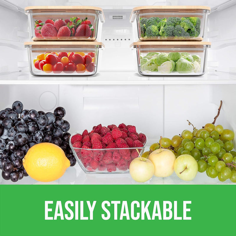 Recipientes de vidro para armazenamento de alimentos com tampas de bambu (pacote com 4, 1020 g) Recipientes de preparação de refeições ecológicos herméticos – sem plástico, sem BPA