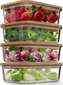 Recipientes de vidro para armazenamento de alimentos com tampas de bambu (pacote com 4, 1020 g) Recipientes de preparação de refeições ecológicos herméticos – sem plástico, sem BPA