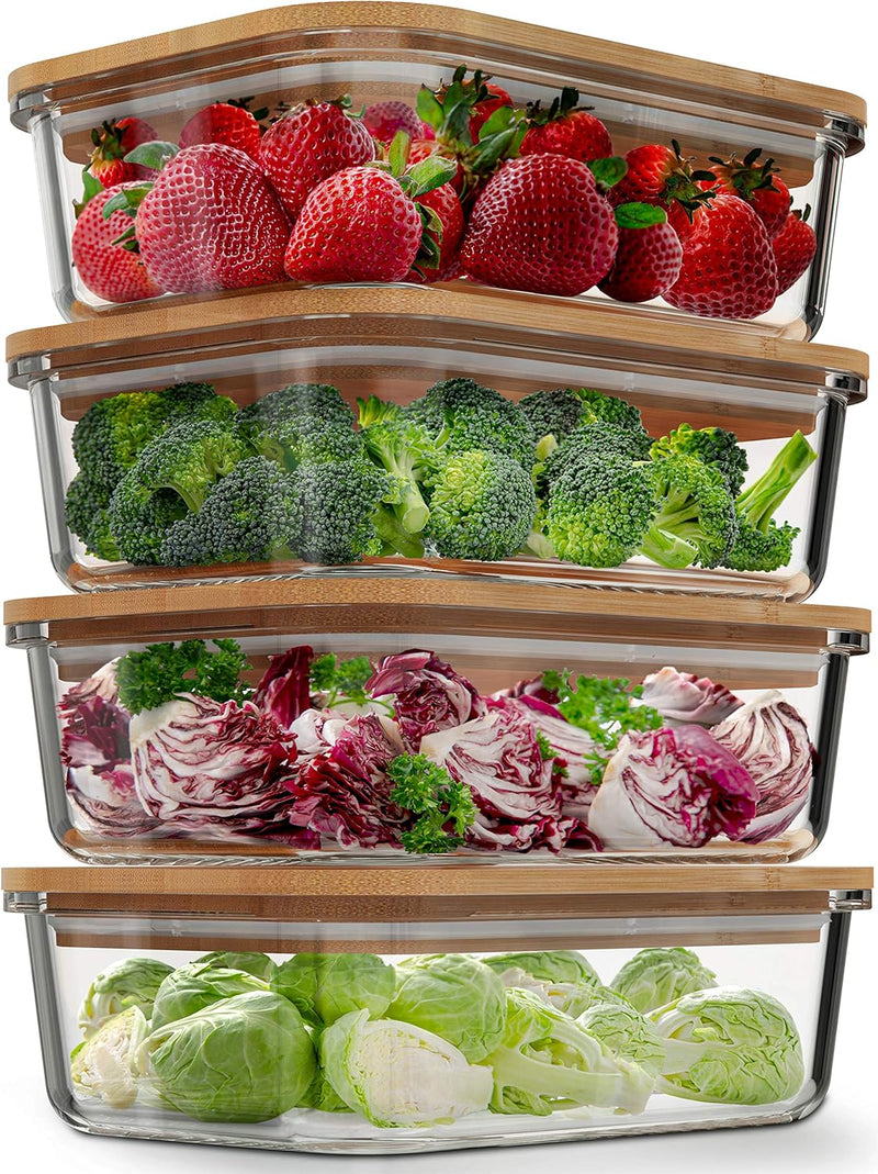 Recipientes de vidro para armazenamento de alimentos com tampas de bambu (pacote com 4, 1020 g) Recipientes de preparação de refeições ecológicos herméticos – sem plástico, sem BPA