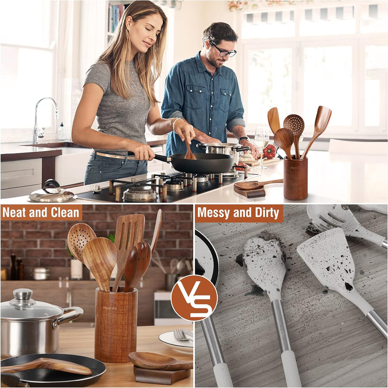 Conjunto de utensílios de cozinha de madeira teca natural de 9 peças com descanso de colher - Suporte de colheres e utensílios de cozinha com aderência confortável