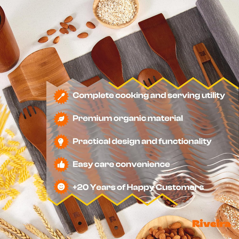 Riveira Colheres de cozinha de bambu com 6 peças – Conjunto de utensílios de cozinha de madeira com colheres de madeira para cozinhar e espátulas, conjuntos de utensílios de madeira – Conjunto de