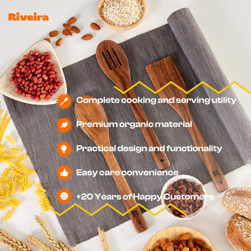 Riveira Colheres de cozinha de bambu com 6 peças – Conjunto de utensílios de cozinha de madeira com colheres de madeira para cozinhar e espátulas, conjuntos de utensílios de madeira – Conjunto de