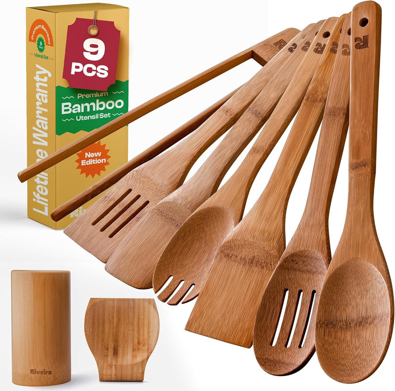Riveira Colheres de cozinha de bambu com 6 peças – Conjunto de utensílios de cozinha de madeira com colheres de madeira para cozinhar e espátulas, conjuntos de utensílios de madeira – Conjunto de