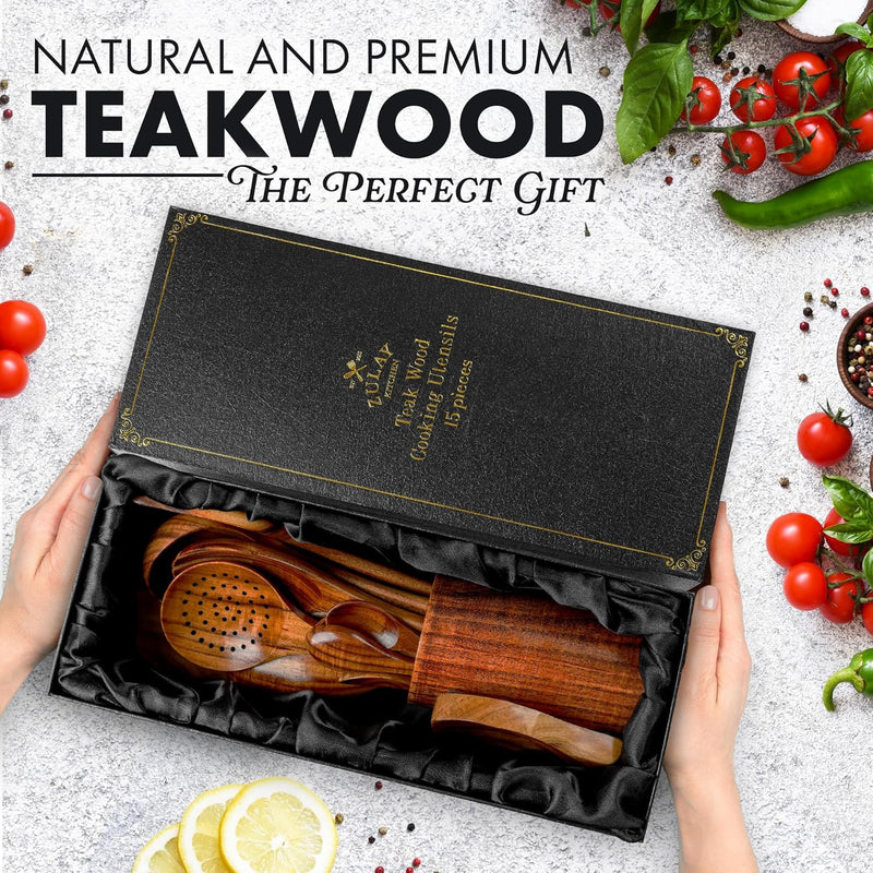 Zulay Kitchen Conjunto de colheres de madeira de 6 peças – Utensílios de teca macios resistentes ao calor com aderência confortável – leve e durável – fácil de limpar, perfeito para panelas