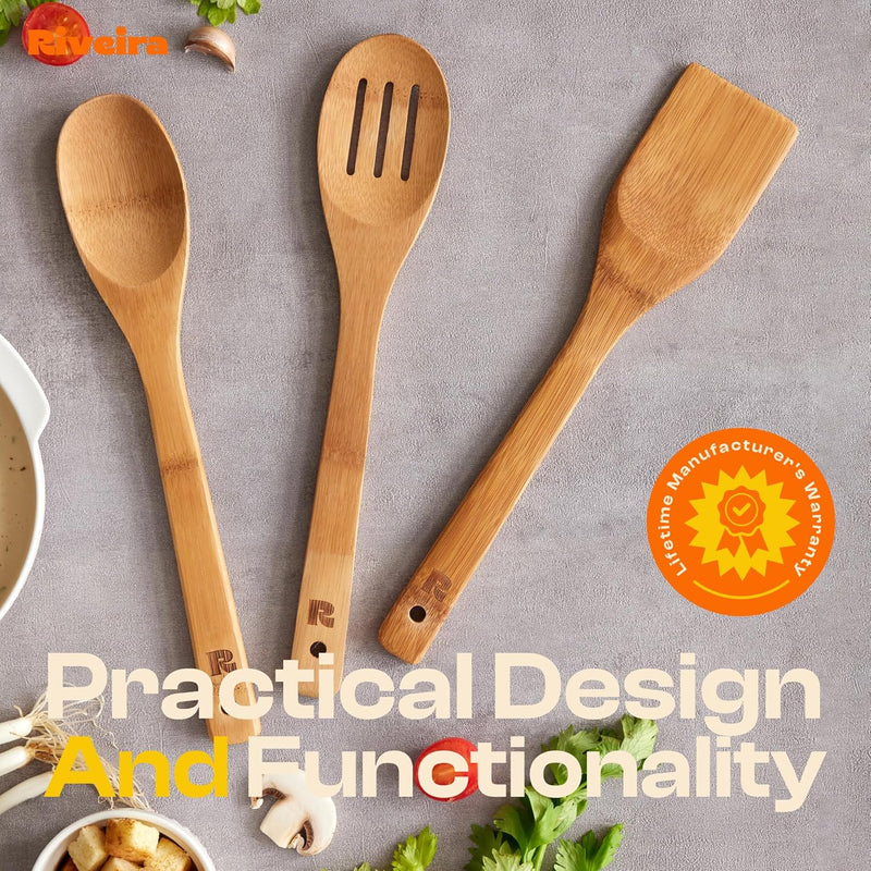 Riveira Colheres de cozinha de bambu com 6 peças – Conjunto de utensílios de cozinha de madeira com colheres de madeira para cozinhar e espátulas, conjuntos de utensílios de madeira – Conjunto de
