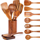 Conjunto de utensílios de cozinha de madeira teca natural de 9 peças com descanso de colher - Suporte de colheres e utensílios de cozinha com aderência confortável