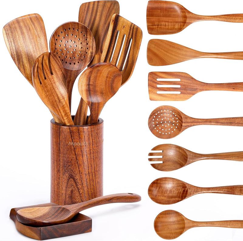 Conjunto de utensílios de cozinha de madeira teca natural de 9 peças com descanso de colher - Suporte de colheres e utensílios de cozinha com aderência confortável