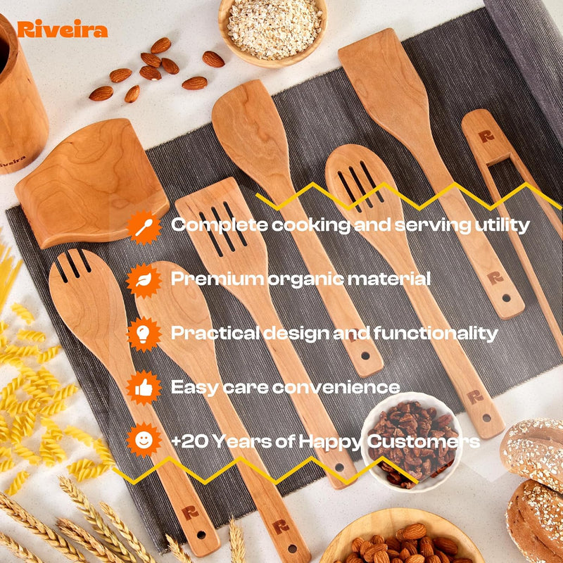 Riveira Colheres de cozinha de bambu com 6 peças – Conjunto de utensílios de cozinha de madeira com colheres de madeira para cozinhar e espátulas, conjuntos de utensílios de madeira – Conjunto de