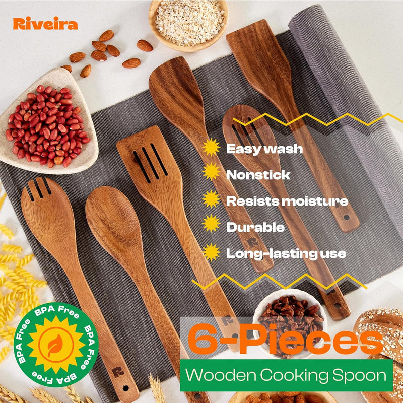 Riveira Colheres de cozinha de bambu com 6 peças – Conjunto de utensílios de cozinha de madeira com colheres de madeira para cozinhar e espátulas, conjuntos de utensílios de madeira – Conjunto de