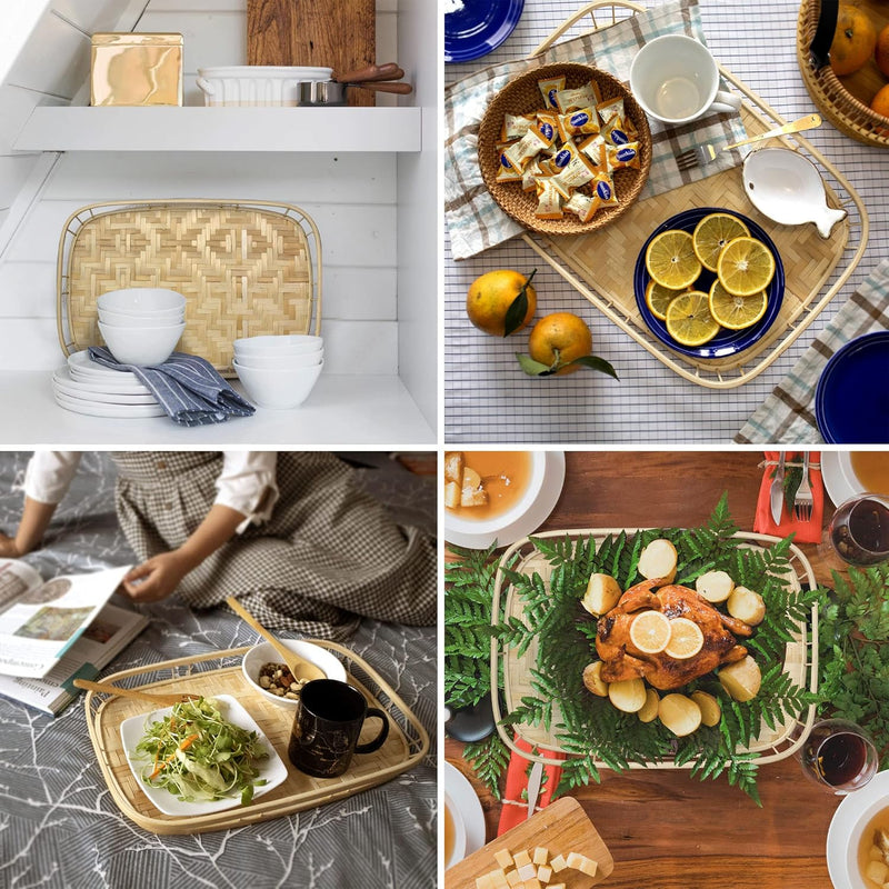 Conjunto com 2 Bandejas de Bambu com Alças – Retangulares para Café, Lanches e Decoração