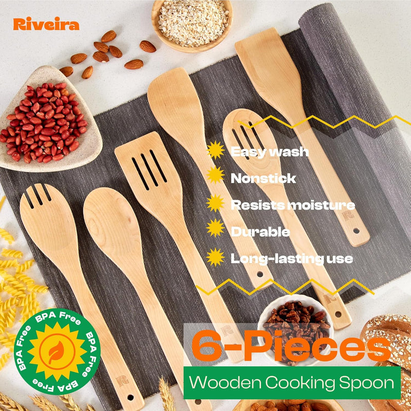 Riveira Colheres de cozinha de bambu com 6 peças – Conjunto de utensílios de cozinha de madeira com colheres de madeira para cozinhar e espátulas, conjuntos de utensílios de madeira – Conjunto de