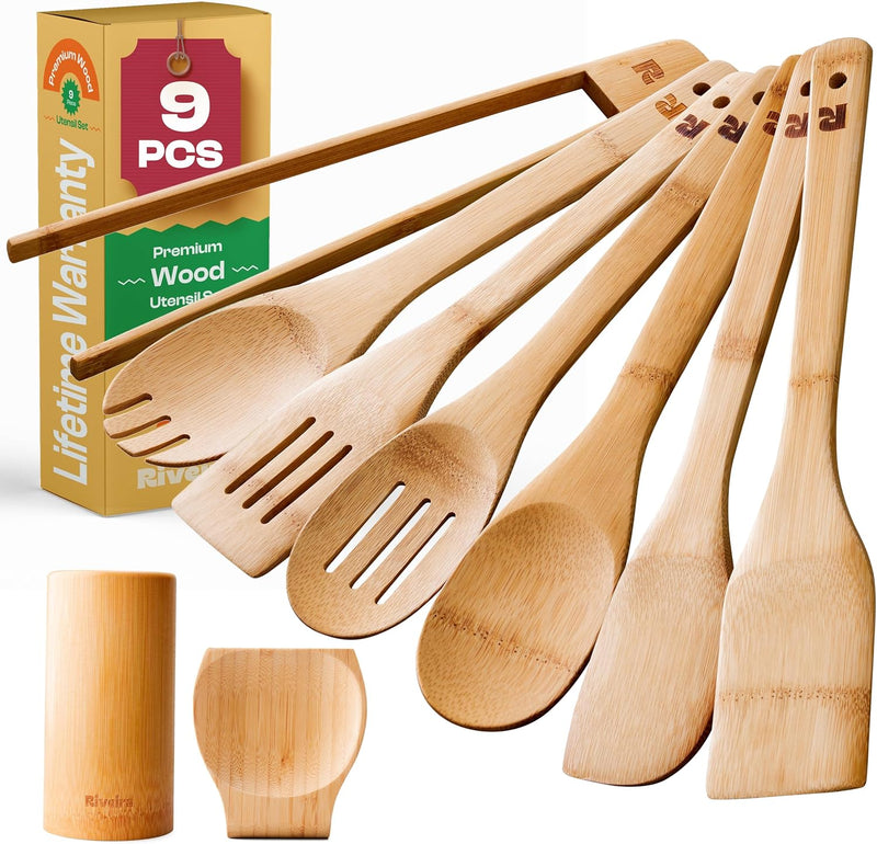 Riveira Colheres de cozinha de bambu com 6 peças – Conjunto de utensílios de cozinha de madeira com colheres de madeira para cozinhar e espátulas, conjuntos de utensílios de madeira – Conjunto de