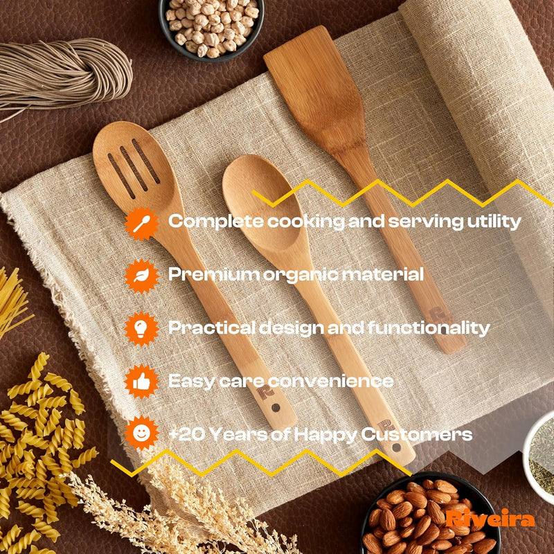 Riveira Colheres de cozinha de bambu com 6 peças – Conjunto de utensílios de cozinha de madeira com colheres de madeira para cozinhar e espátulas, conjuntos de utensílios de madeira – Conjunto de